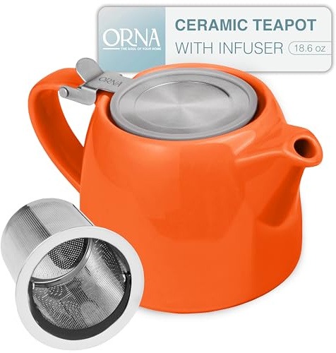 ORNA keramisk tekanna – med extra fin infusionsanordning i rostfritt stål och lock – för att brygga löst bladte – 550 ml (20 oz) (orange)