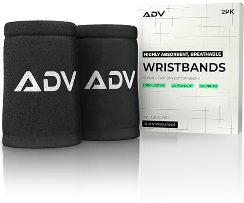 ADV Tennis & Pickleball Wristbands, Slim & Absorbent (Black, M/L, 2-Pack)