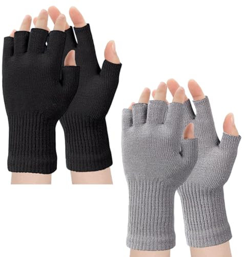 yotutun 2 Paar Unisex Fingerlose Handschuhe, Half Finger Dehnbar Strick Handschuhe Warme Winter Fingerlose Handschuhe Kaltes Wetter Verlängern Handgelenk Handschuhe für Männer Frauen