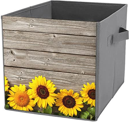Zusammenklappbare Aufbewahrungsbehälter mit Sonnenblumen-Motiv, Blume auf Holz, Stoff-Aufbewahrungswürfel mit Griffen, Korb-Aufbewahrungsorganisator für Regale, Schrank, Schlafzimmer, Wohnzimmer, 26,