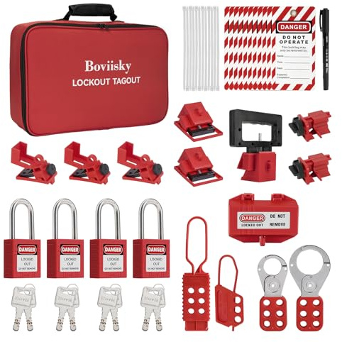 BOVIISKY Lockout Tagout Kit Electrical Loto- Hasps, Clamp on and Universal Multipole Circuit Breaker Lockouts，4 Loto Safety Padlocks, Tags, Nylon Ties with Pocket Bag, Keyed Different, 7131R