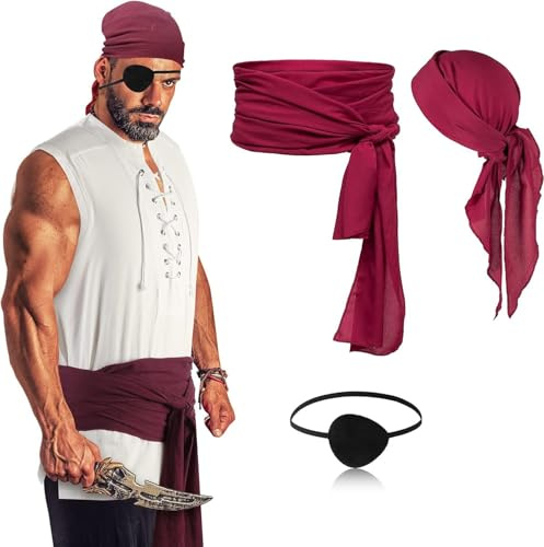 Charfia Piraten Accessoires Damen Herren, Piraten Kopftuch Taillengürtel Augenklappe Pirat Kostüm Frauen Piratenkostüm Damen Herren Accessoires, Bandana Gürtel für Fasching Karneval Halloween