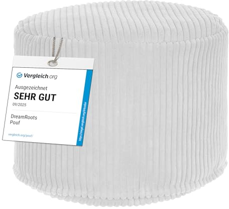 DreamRoots Cord Pouf Hocker rund 50x50x35 cm, Storm Gray | Runder Bodenstuhl, Sitzkissen Boden, 380 g/m², für Wohnzimmer, Schlafzimmer & Homeoffice, waschbar, Fußhocker