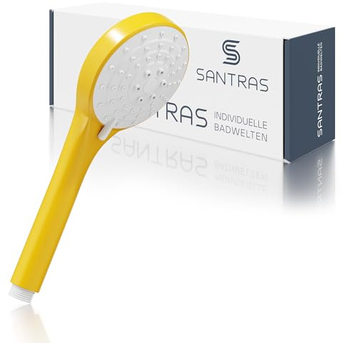 SANTRAS® Handbrause mit dreifach verstellbaren Duschkopf mit Wassersparer in Gelb (RAL 1004) – Brause mit wassersparendem Brausekopf und Durchflussbegrenzer in 3 Strahlarten für Dusche und Badewanne
