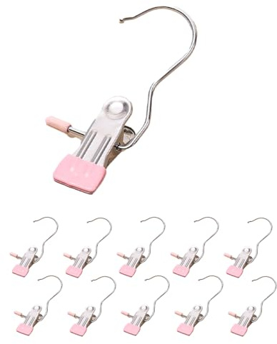 KuqitsBai Wäsche Haken aus Edelstahl 10/20 Stück, Multifunktional Klammerhaken Kleidung, Kleiderbügel Clip für Kleid Schuhe Tuch Socken (10, Rosa)