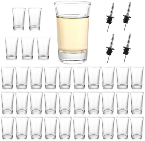 YAYODS 36 vasos de chupito de cristal de 5 cl, aptos para lavavajillas, reutilizables con 4 vertedores de botellas de acero inoxidable para licor de hierbas, Bismarck, vodka, tequila