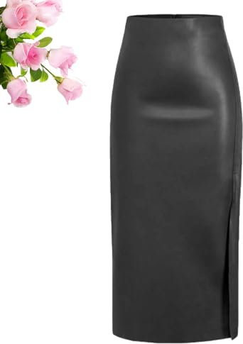 HESYSUAN Jupes longues en cuir pour femme, jupe d'hiver longue en cuir noir, taille haute, fendue, jupe crayon trapèze