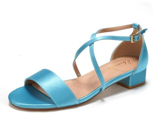 Elivandon J1584 Women's Satin Low-Heel Evening Sandals Open Toe 1.18 inches Block Heel Satin Pumps Evening Party Bridal Wedding Shoes Colour Sky Blue,Size 7.5 B(M) US/38 EU