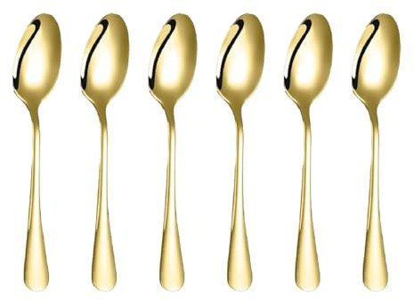 DIOXSTAR 6X Stainless Steel Table Spoon, Dinner Spoons, Soup Spoons, Dessert Spoons, Comfortable Grip, Classic Design, Easy to Clean, for Home, Kitchen, 20CM (Golden)