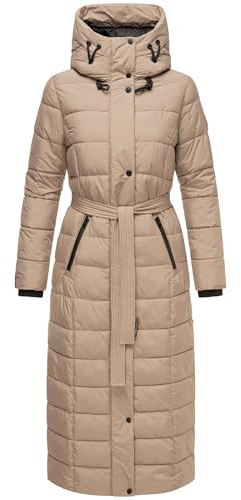 Navahoo Damen Wintermantel Warmer Steppmantel lang mit Kapuze und Taillengürtel Das Teil XIV XS-3XL