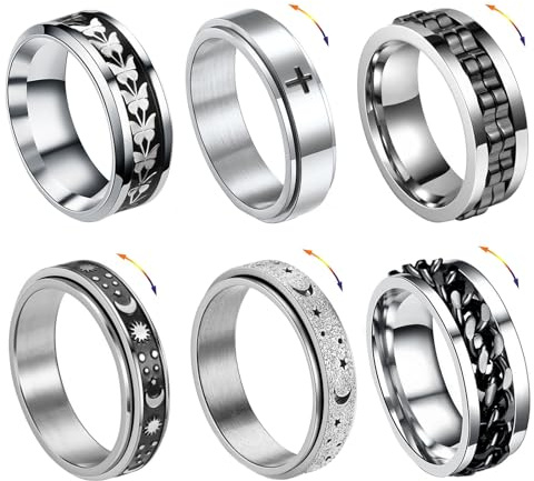 ZENGSING 6 Pcs Silber Spinner Ring Herren Fidget Spinner Ringe Edelstahl Fidget Band Ringe Männer Edelstahl Spinner Ring für Herren Damen (Silber Set-2, Größe 11)