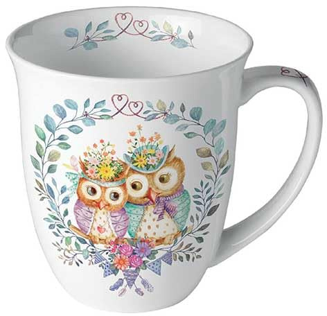 Ambiente Porzellan Tasse ca. 400ml Becher Bone China Mug Für Tee Oder Kaffee Frühjahr Sommer Eule Owl Couple In Love