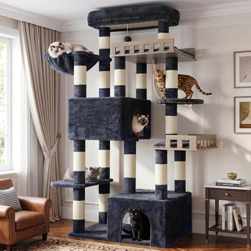 Gitelsnour Maine Coon Cat Tree, Heavy Duty Cat Tower for 20 lbs+, GCT033G | 2 Large Condos, 15 Scratching Post, Big Top Perch, 2 Safe Railing Wooden Platform , Hammock, Indoor Cats Adult, Smoky Gray