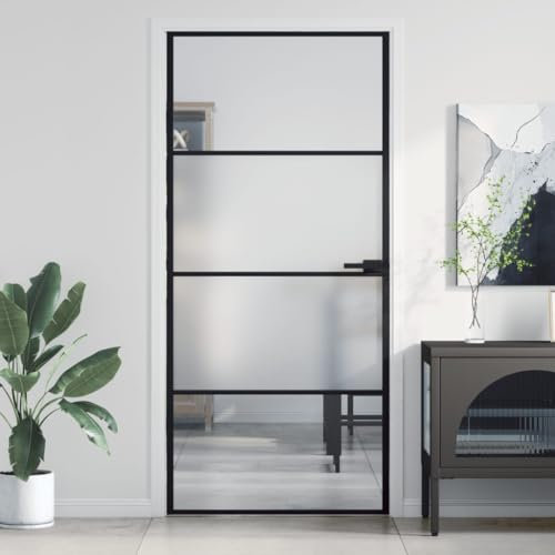 Porte Intérieure en Verre, Porte Vitrée pour Cuisine Salle de Bain mince noir 93x201,5 cm verre trempé aluminium