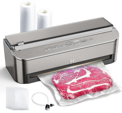 Mesliese 85kPa 120W Envasadora al Vacio, Sellador Automático de Alimentos, Cortador Incorporado | Almacenamiento de Bolsas | Modo Húmedo | 2 Rollos de Bolsas (Plateado)
