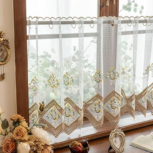 Devola Visillo de tul romántico corto con bordado de flores, cortina corta con listón perforado, cortina de cocina, transparente, corta altura x anchura, 65 x 140 cm, beis, 1 unidad