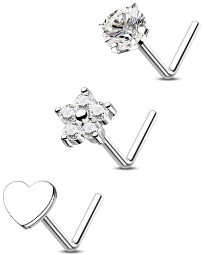 OUFER 3 Pezzi 20G Piercing al Naso in Titanio Anelli a Forma di L di Cuore con Fiore 6 mm Gioielli per Piercing Alla Narice in Argento Gioielli Sottili con Diamanti Cubici per il Corpo da Donna