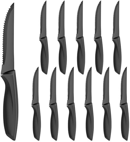 Skynzor 12 Piezas Cuchillos Carne, Mesa Acero Inoxidable, Cuchillo Sierra con Mango de Polipropileno, Chuleteros Afilada, Chuletero, Apto para Lavavajillas(Negro)