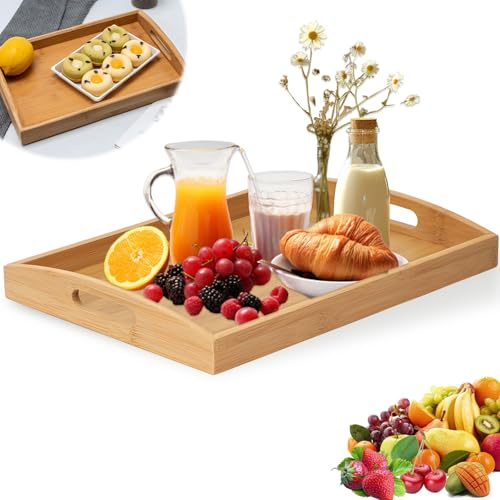 Bandeja Servir Comida Bambú con Asas, Bandejas Madera Rectangular, Decoracion Cocina Grande para Alimentos, Bandeja Cama para Desayuno, Bebidas, Aperitivos (45 x 30 x 3.5 cm, Natural)