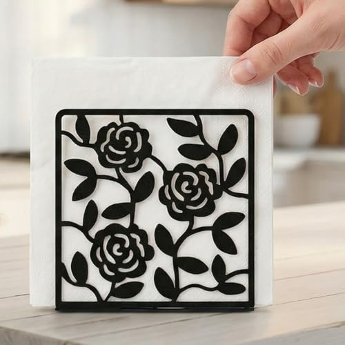 Resama Metall-Serviettenhalter für den Tisch, Metall-Rosen-Serviettenhalter für Küchen-Esstische & Arbeitsplatten, Schwarze Serviettenhalters für Innen- & Außenbereich
