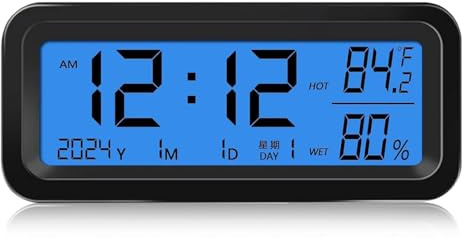 Telituny Mini Horloge Voiture Digitale, Thermometre Voiture Horloges Solaire Véhicule, Horloge LCD Tableau Bord LED, pour Affichage Heure, Date, Température et Humidité, pour Maison Voiture