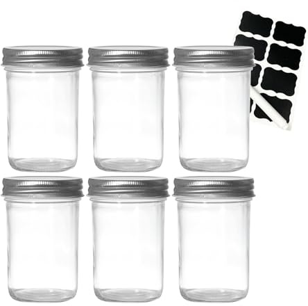 Yumzxin 6 Pack Mason Jars 8 oz (240ml) with Regular Lids - Wide Mouth Clear Glass Canning Jars for Pickling, Fermenting, Jam, Overnight Oats, Food Storage & DIY Crafts