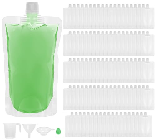 100 PCS Drink Pouches with Caps and Funnel, Plastic Water Bags Reusable Leak-Proof Liquid Squeeze Pouches Portable Lightweight for Cold & Hot Drinks for Sports Events Music Festivals Travels​
