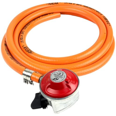 Propane Regulator (Red) 27mm Clip On 37mbar + 8mm LPG Gas Hose + Clips 3 Metre Patio BBQ Gas Regulator