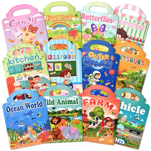 GOLDGE 12 Stück Sticker Book 3D-Stickerbuch Wiederverwendbar mit 600+ Sticker Kinder, Tragbar Aufkleber Kinder Ab 2 Jahren, Geeignet für Jungen und Mädchen Geschenk Spielzeug Geburtstag Party Zubehör