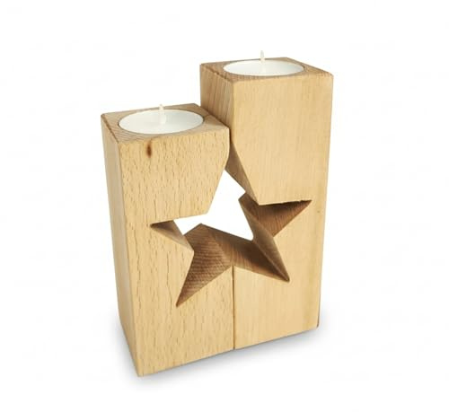 GoodFreshDecor Kerzenständer aus Buchenholz - Teelichthalter Holz - Set 2 Stück - Mit Teelichter - Weihnachtsdeko Tisch - Stern
