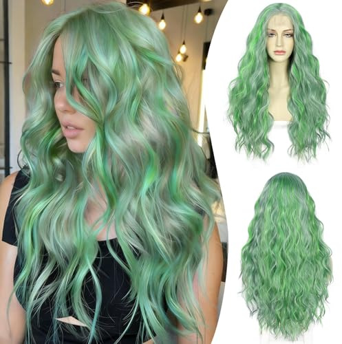 Sapphirewigs Lace Front Perücken für Frauen Grün Highlights Wellige synthetische Perücke Lace Front Lange Haare Cosplay Party Daily Wear Hitzebeständige 24 inch
