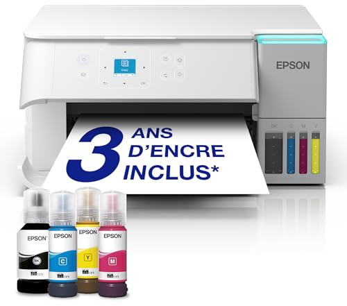 Solution d’impression A4 blanche EcoTank ET-2956 équipée d’une connexion Wi-Fi et de réservoirs d’encre AirPrint avec numérisation, copie et impression recto verso et jusqu’à 3 ans d’encre inclus