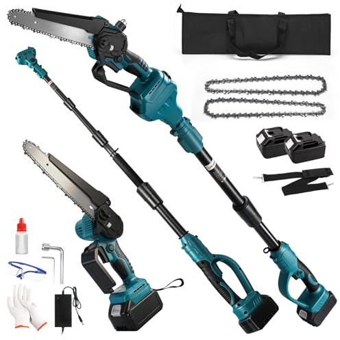 Motosierra y podadora 2 en 1 batería para Makita de 18 V, 8 pulgadas con batería de 2 x 4,0 Ah, barra de extensión de hasta 4,6 m, motor sin escobillas, sierra eléctrica para ramas de árboles
