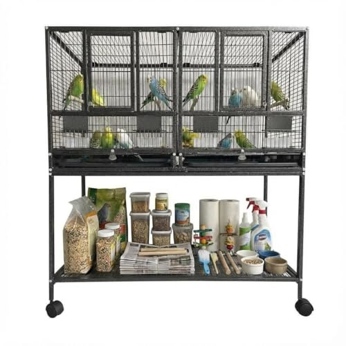 Jaula para pájaros grande, doble jaula con 4 ruedas, separador y comedero, aviario de metal con 4 barras de madera y bandeja de limpieza extraíble, 94 x 45 x 106 cm