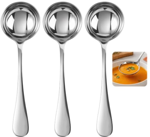 Juego de 3 Cazo de Servir Sopa Acero Inoxidable 20cm | Cucharón Acero Inoxidable, para Servir Sopas, Caldos y Guisos, Utensilios de Cocina, Apto para Lavavajillas