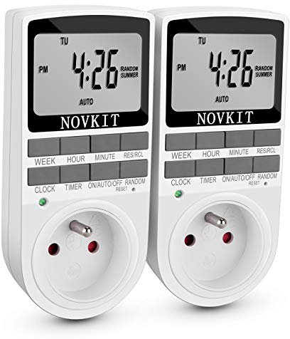 NOVKIT Programmateur Prise Électrique et Digitale, Minuterie Prise Numérique à 10 Programmes Journaliers Hebdomadaires avec Mode Anti-vol et Grand LCD écran, Économiser Électricité (Paquet de 2)