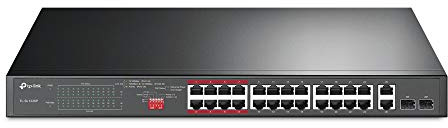 TP-Link 24-Port PoE+ 10/100 Mbps + 2-Port Gigabit Unmanaged Ethernet PoE Switch with 2 Combo Gigabit SFP slots (24 PoE+ Ports + 2 Gigabit RJ45 Ports + 2 SFP slots, 250W, Rackmount)(TL-SL1226P)