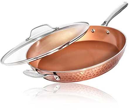 Gotham Steel 14 Inch Nonstick Fry Pan with Lid – Hammered Copper Collection, Premium Aluminum Cookware with Stainless Steel Handles Dishwasher and Oven Safe