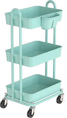Simple Houseware 3-Tier Multifunctional Rolling Utility Cart with Hanging Bucket, Turquoise