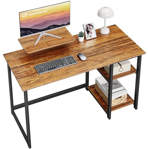GreenForest Scrivania da Ufficio e Gaming con Supporto per Monitor, Tavolo per computer da Casa da 120 cm con Scaffle Reversibili, Scrivania da Studio per Piccoli Spazi, Espresso