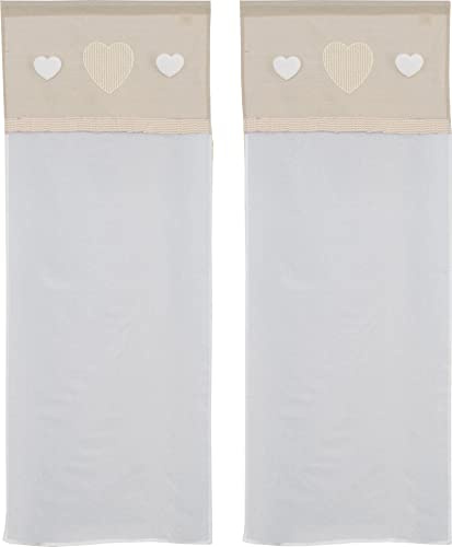 HOME ZEN HOUSEHOLD LINEN 1 Paar Scheibengardinen für die Küche Art Orleans Shabby Stoff Leinenoptik Seide aus Polyester mit kariertem Querbehang und drei aufgesetzten Herzen Größe 60 x 240 cm