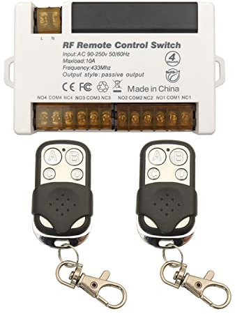 DieseRC 4 Channels Wireless Relay Remote Control Switch 433Mhz RF AC 240V 220V 10A Relay Receiver with 2 Transmitters Keyfob, Big Terminal Easy Wiring