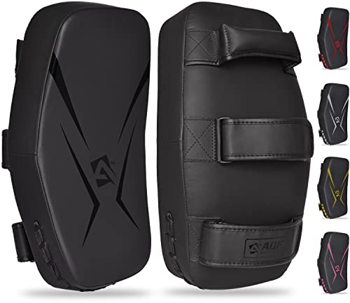 AQF Thai Pads für Kickboxen Muay Thai Pad mit festem Griff, Maya Leder Gebogene Strike Schild für Boxen MMA Kampfsport Taekwondo, Training Sport (Single, Schwarz)