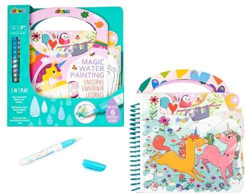 Avenir 6301778 Ausmalspiel Einhörner, 3-in-1 Kreativ Set mit Spielen, Stickern und Ausmalbildenr, DIY, Aktivitätenblock für Kinder ab 3 Jahren