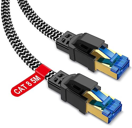 TBMax Cat8 Ethernet Cable 5m High-Speed 40Gbps 2000Mhz Flat RJ45 Lan Cable Braided Gigabit Network Cord Shielded Internet Cable Compatible for Gaming PC Router Modem