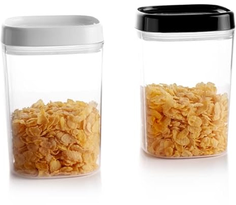 KADAX - Set di contenitori per alimenti trasparenti in plastica, barattoli ermetici con coperchio, contenitori per versare per farina, cereali, zucchero e pasta (Set di 2: 1000 ml, Bianco&Nero)