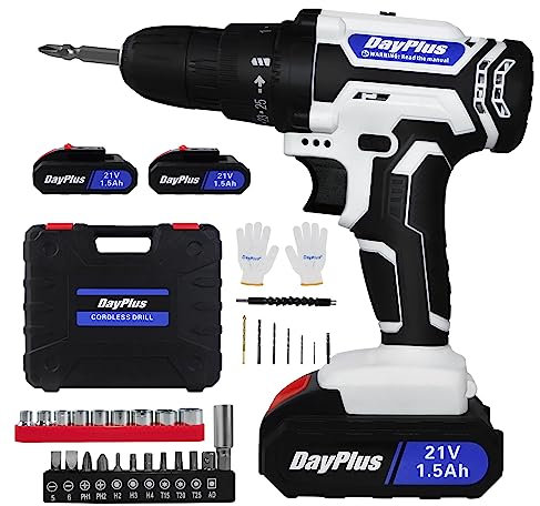 VickyHome Cordless Drill with 2 Batteries, Electric Screwdrivers, 0-400/0-1400 RPM 2 Speed Combi Drill, 45NM Torque for Home DIY Tools