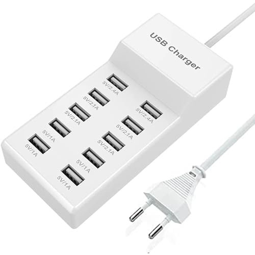 Caricatore USB multiuso, stazione di ricarica Multi USB-A, alimentatore di rete a 10 porte, connettore hub compatibile con iPhone 12/13/14/15/Samsung S23/S22/S21/Z Flod/Z Flip/Xiaomi/Huawei/Oppo.
