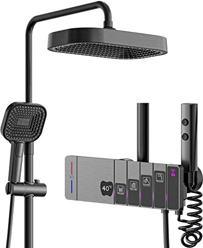 Set doccia termostatico con miscelatore a pioggia, set combinato con miscelatore a pioggia, regolabile in altezza, con soffione a pioggia, doccetta portatile, bidet, beccuccio per vasca (grigio canna