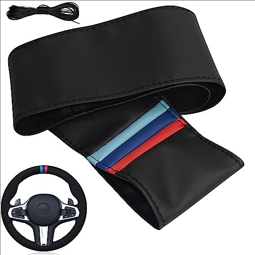 Lenkradbezug PU Leder Auto Lenkradhülle zum schnüren Nähen gestreift M Look M7 Schwarz Rot Blau Universalgrösse 37-39 cm